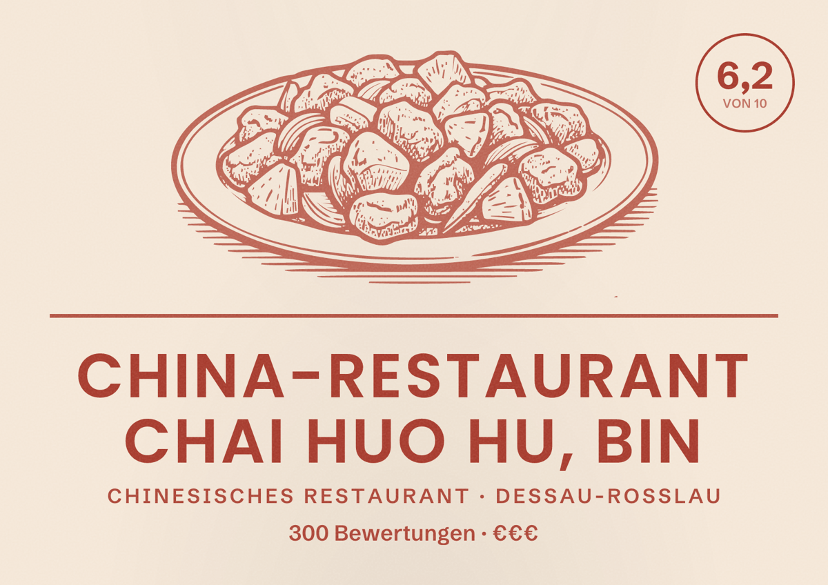 Illustriertes Poster von China-Restaurant Chai Huo Hu, Bin, Chinesisches Restaurant in Dessau-Roßlau: Bewertung 6,2 von 10 aus 300 Bewertungen, Preisniveau €€€