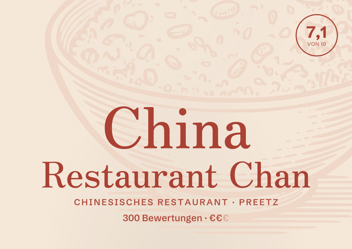 Illustriertes Poster von China Restaurant Chan, Chinesisches Restaurant in Preetz: Bewertung 7,1 von 10 aus 300 Bewertungen, Preisniveau €€