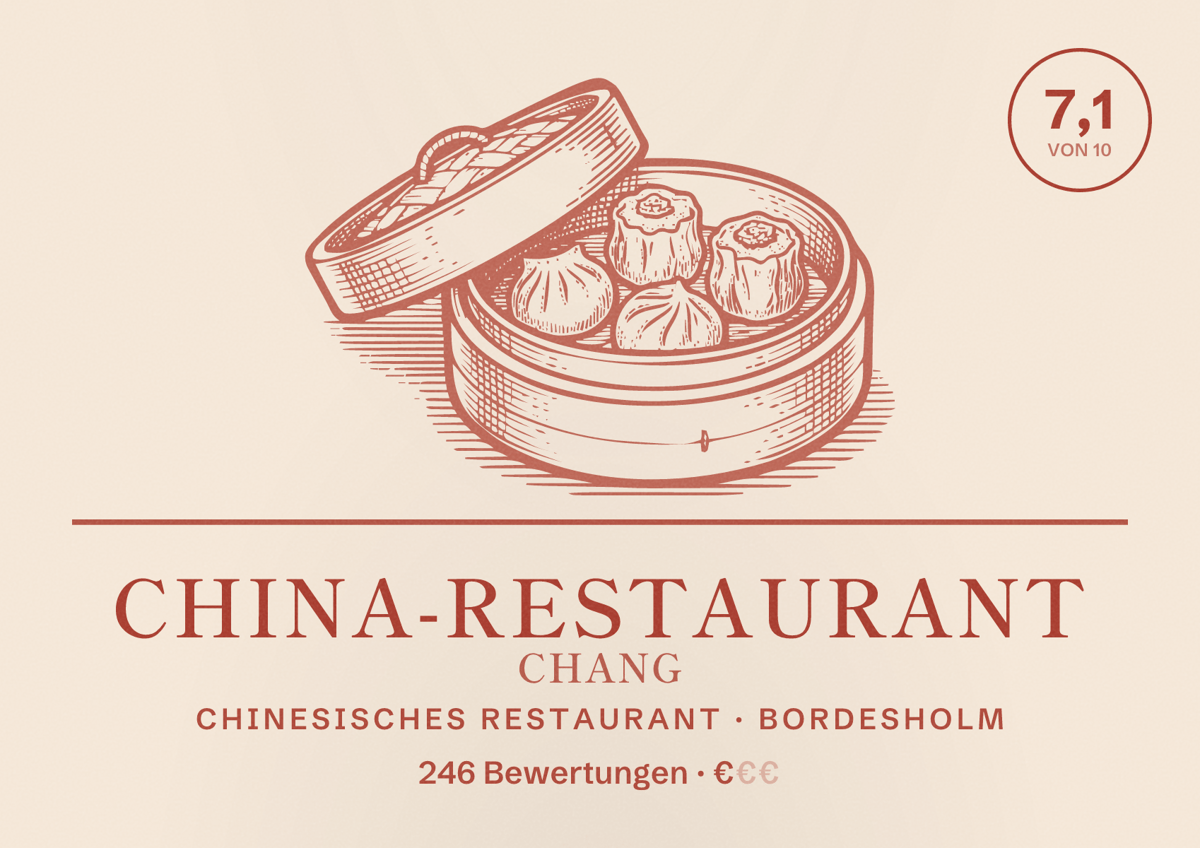 Illustriertes Poster von China-Restaurant Chang, Chinesisches Restaurant in Bordesholm: Bewertung 7,1 von 10 aus 246 Bewertungen, Preisniveau €