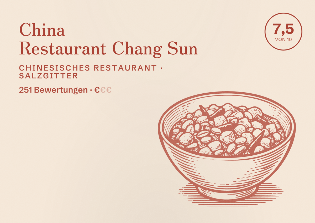 Illustriertes Poster von China Restaurant Chang Sun, Chinesisches Restaurant in Salzgitter: Bewertung 7,5 von 10 aus 251 Bewertungen, Preisniveau €