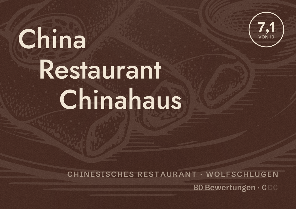 Illustriertes Poster von China Restaurant Chinahaus, Chinesisches Restaurant in Wolfschlugen: Bewertung 7,1 von 10 aus 80 Bewertungen, Preisniveau €