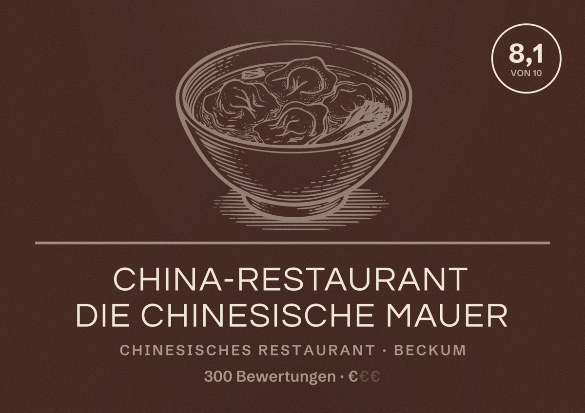Illustriertes Poster von China-Restaurant Die Chinesische Mauer, Chinesisches Restaurant in Beckum: Bewertung 8,1 von 10 aus 300 Bewertungen, Preisniveau €