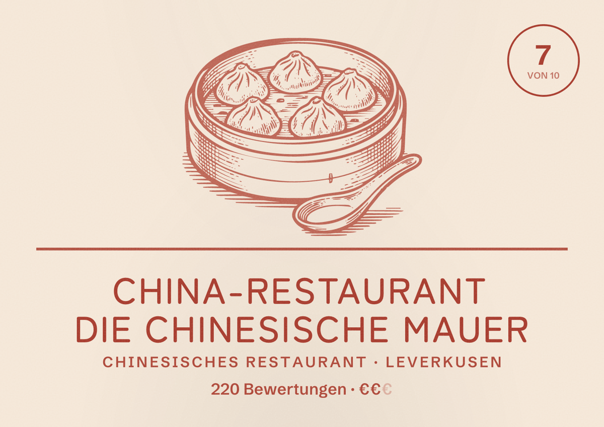Illustriertes Poster von China-Restaurant Die Chinesische Mauer, Chinesisches Restaurant in Leverkusen: Bewertung 7 von 10 aus 220 Bewertungen, Preisniveau €€