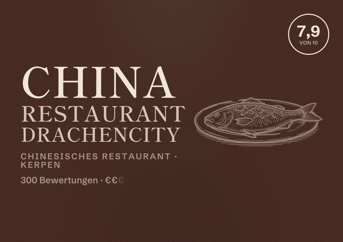 Illustriertes Poster von China Restaurant Drachencity, Chinesisches Restaurant in Kerpen: Bewertung 7,9 von 10 aus 300 Bewertungen, Preisniveau €€