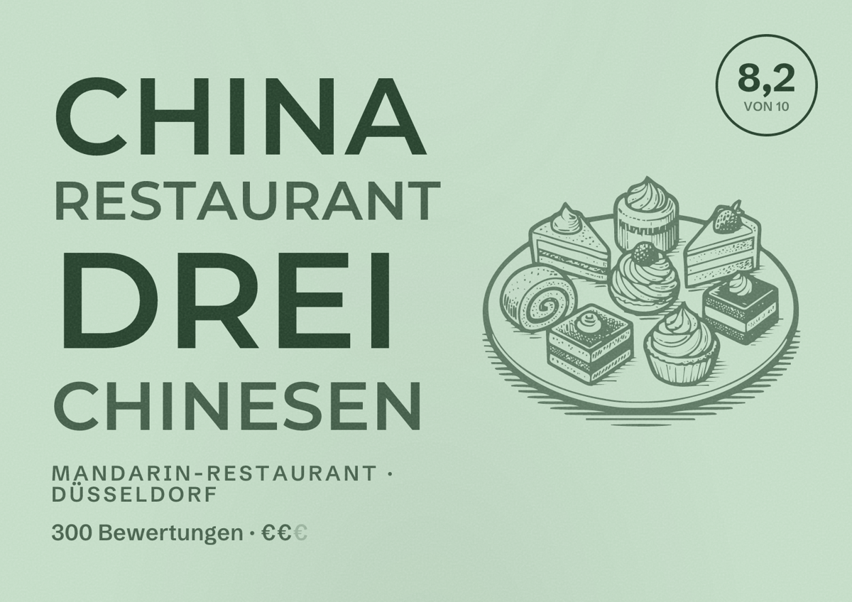 Illustriertes Poster von China Restaurant Drei Chinesen, Mandarin-Restaurant in Düsseldorf: Bewertung 8,2 von 10 aus 300 Bewertungen, Preisniveau €€