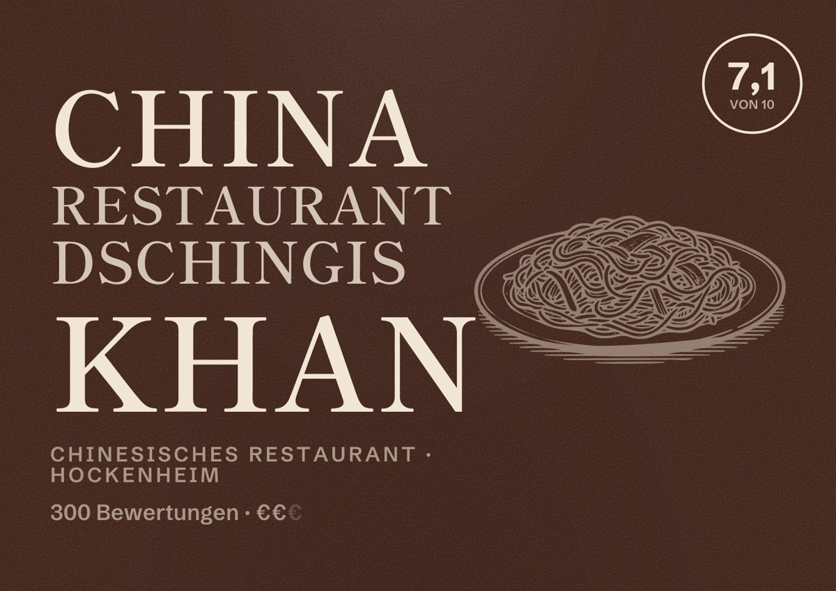 Illustriertes Poster von China Restaurant Dschingis Khan, Chinesisches Restaurant in Hockenheim: Bewertung 7,1 von 10 aus 300 Bewertungen, Preisniveau €€