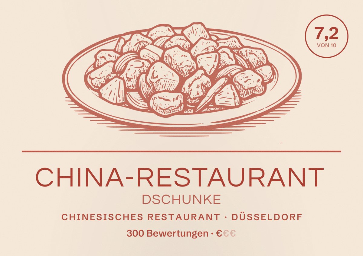 Illustriertes Poster von China-Restaurant Dschunke, Chinesisches Restaurant in Düsseldorf: Bewertung 7,2 von 10 aus 300 Bewertungen, Preisniveau €