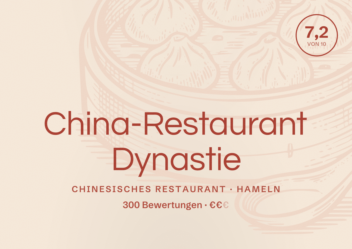 Illustriertes Poster von China-Restaurant Dynastie, Chinesisches Restaurant in Hameln: Bewertung 7,2 von 10 aus 300 Bewertungen, Preisniveau €€