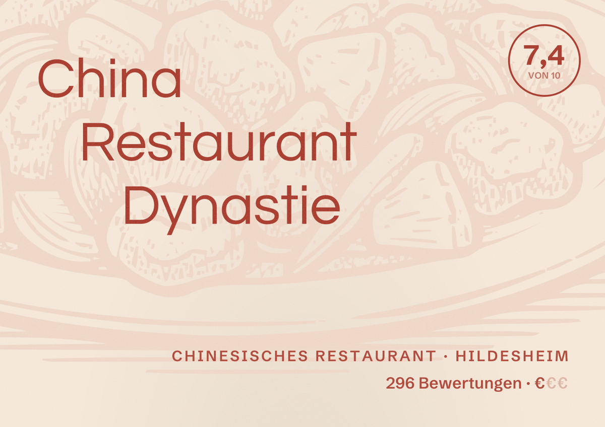 Illustriertes Poster von China Restaurant Dynastie, Chinesisches Restaurant in Hildesheim: Bewertung 7,4 von 10 aus 296 Bewertungen, Preisniveau €