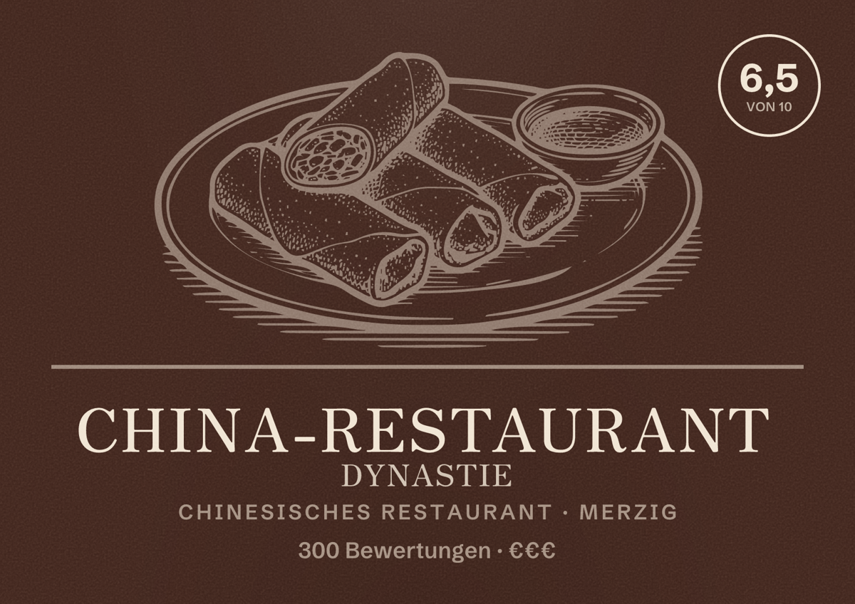 Illustriertes Poster von China-Restaurant Dynastie, Chinesisches Restaurant in Merzig: Bewertung 6,5 von 10 aus 300 Bewertungen, Preisniveau €€€