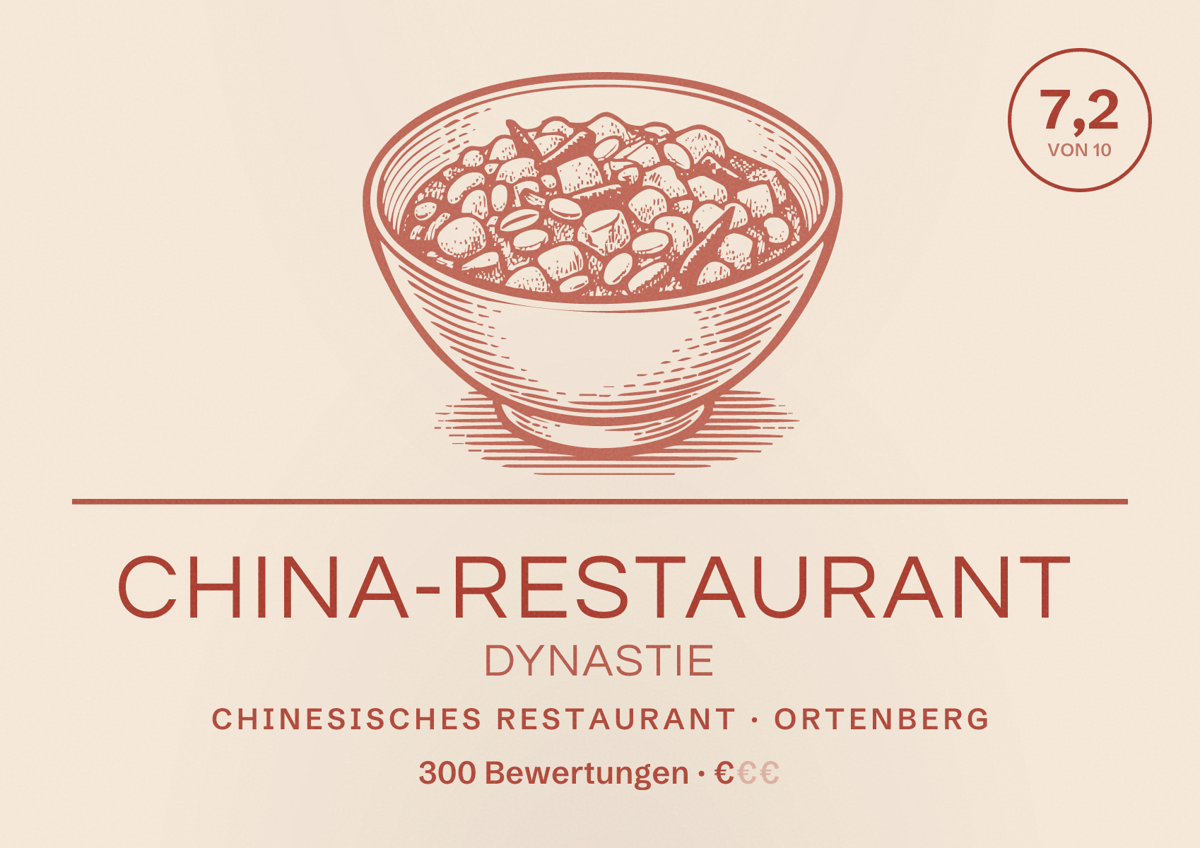 Illustriertes Poster von China-Restaurant Dynastie, Chinesisches Restaurant in Ortenberg: Bewertung 7,2 von 10 aus 300 Bewertungen, Preisniveau €