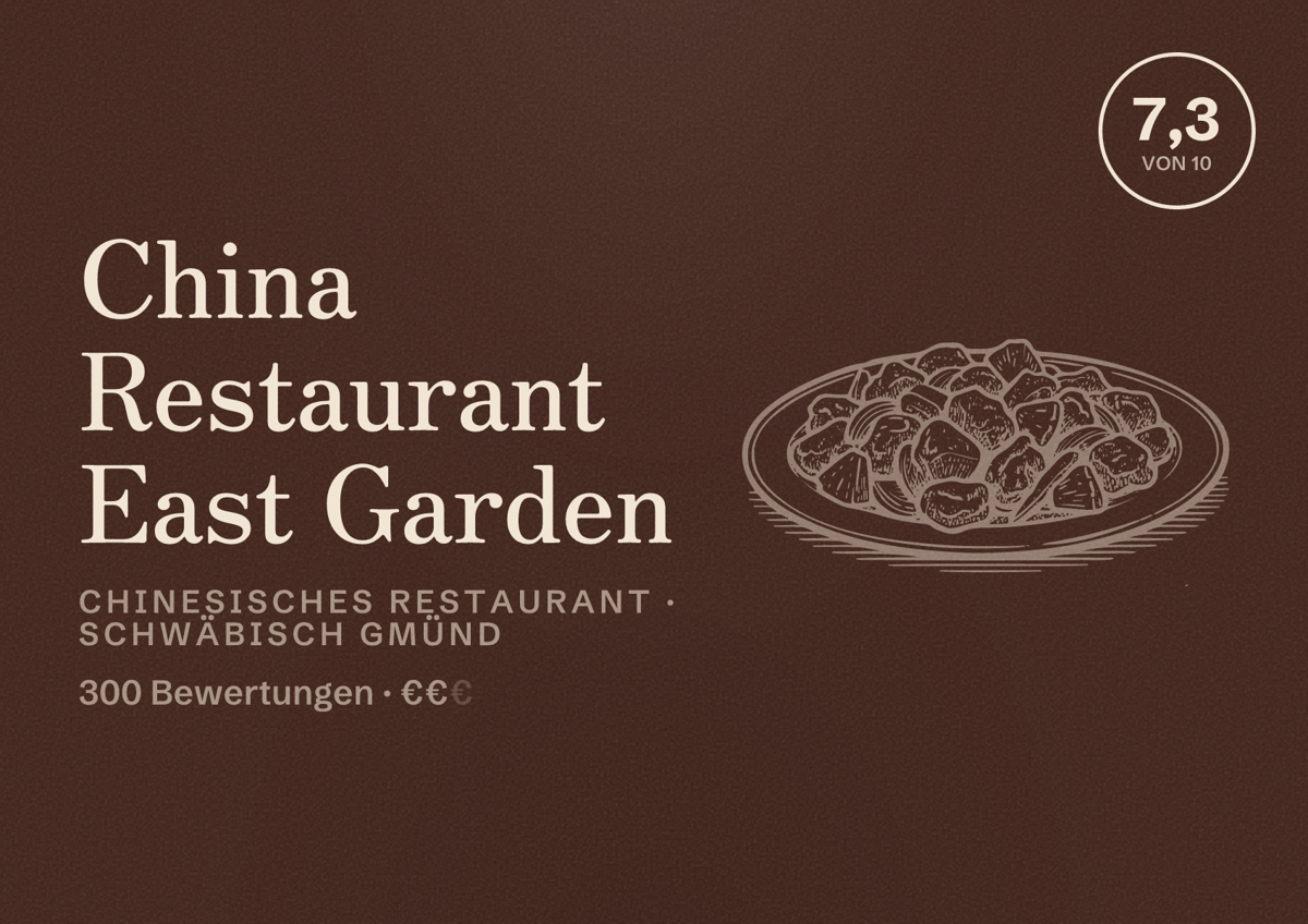 Illustriertes Poster von China Restaurant East Garden, Chinesisches Restaurant in Schwäbisch Gmünd: Bewertung 7,3 von 10 aus 300 Bewertungen, Preisniveau €€