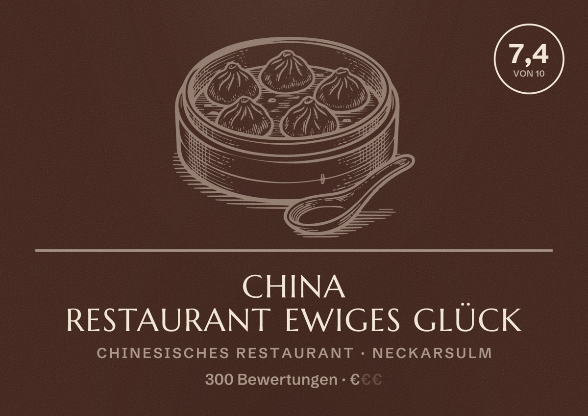 Illustriertes Poster von China Restaurant Ewiges Glück, Chinesisches Restaurant in Neckarsulm: Bewertung 7,4 von 10 aus 300 Bewertungen, Preisniveau €