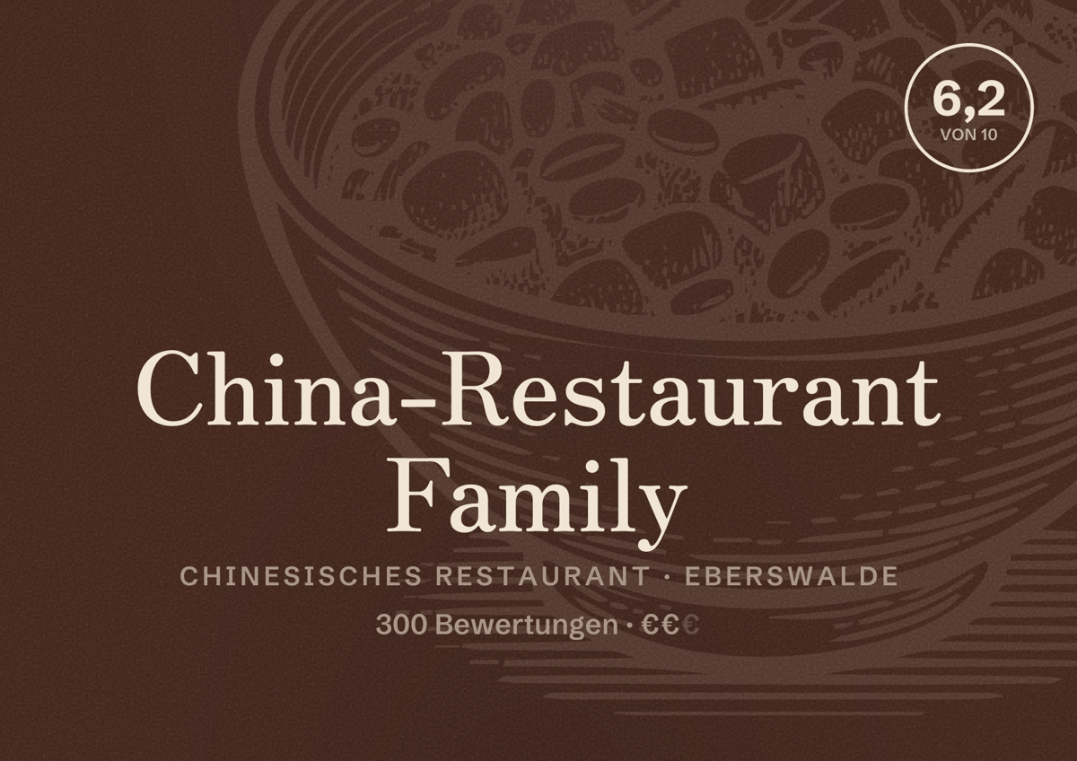 Illustriertes Poster von China-Restaurant Family, Chinesisches Restaurant in Eberswalde: Bewertung 6,2 von 10 aus 300 Bewertungen, Preisniveau €€