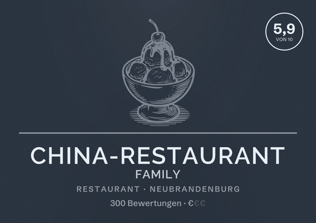 Illustriertes Poster von China-Restaurant Family, Restaurant in Neubrandenburg: Bewertung 5,9 von 10 aus 300 Bewertungen, Preisniveau €
