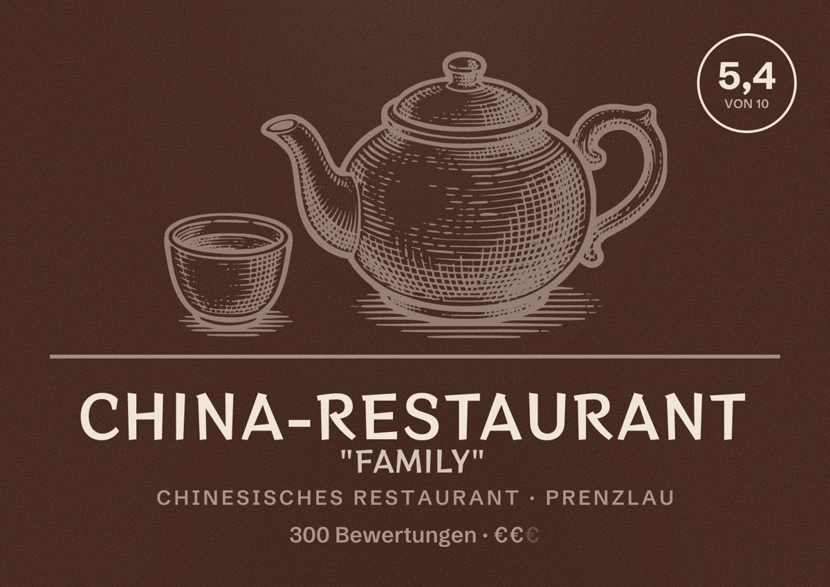 Illustriertes Poster von China-Restaurant "Family", Chinesisches Restaurant in Prenzlau: Bewertung 5,4 von 10 aus 300 Bewertungen, Preisniveau €€