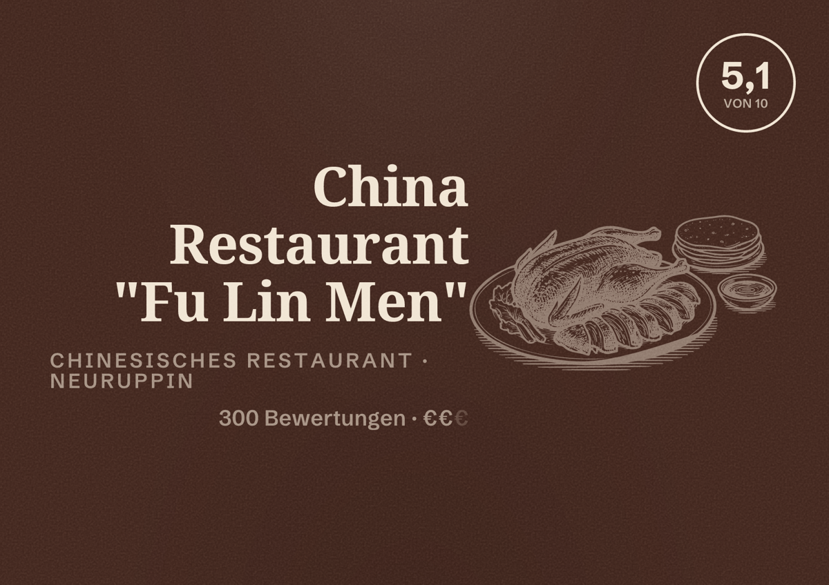 Illustriertes Poster von China Restaurant "Fu Lin Men", Chinesisches Restaurant in Neuruppin: Bewertung 5,1 von 10 aus 300 Bewertungen, Preisniveau €€
