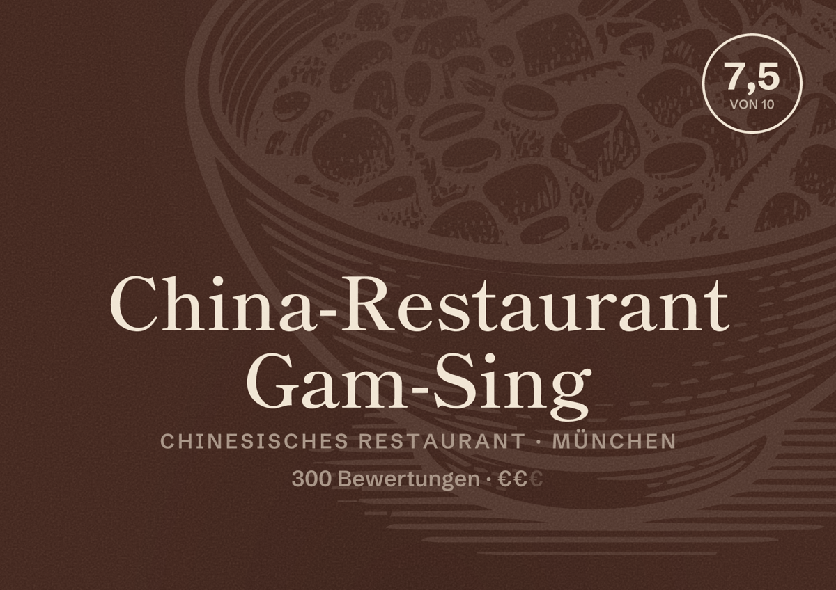 Illustriertes Poster von China-Restaurant Gam-Sing, Chinesisches Restaurant in München: Bewertung 7,5 von 10 aus 300 Bewertungen, Preisniveau €€
