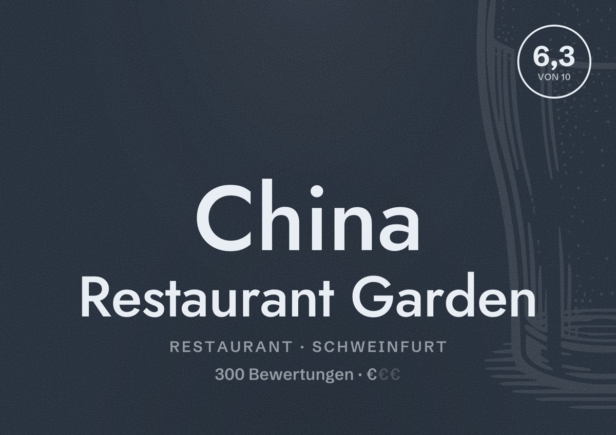 Illustriertes Poster von China Restaurant Garden, Restaurant in Schweinfurt: Bewertung 6,3 von 10 aus 300 Bewertungen, Preisniveau €