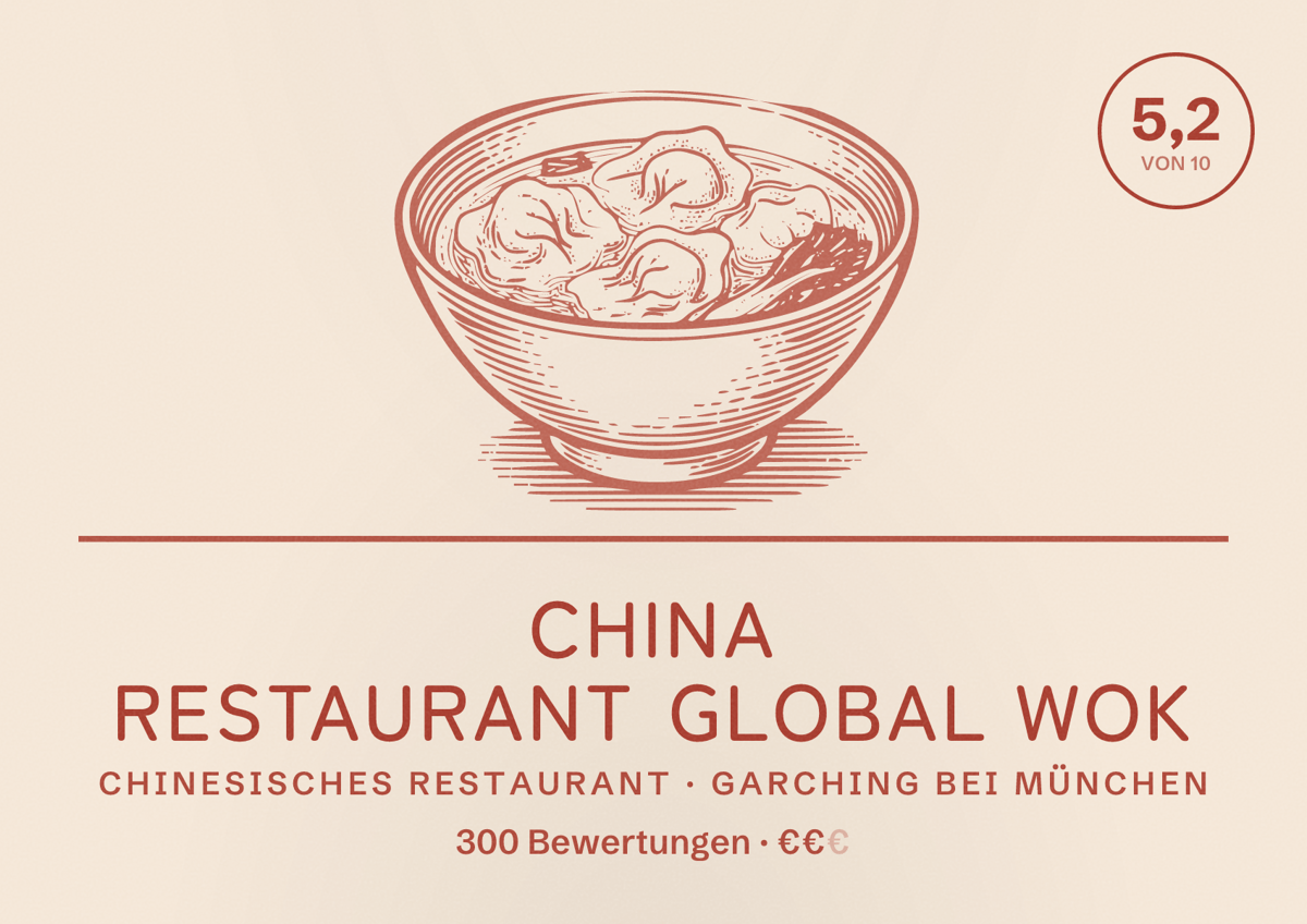 Illustriertes Poster von China Restaurant Global Wok, Chinesisches Restaurant in Garching bei München: Bewertung 5,2 von 10 aus 300 Bewertungen, Preisniveau €€