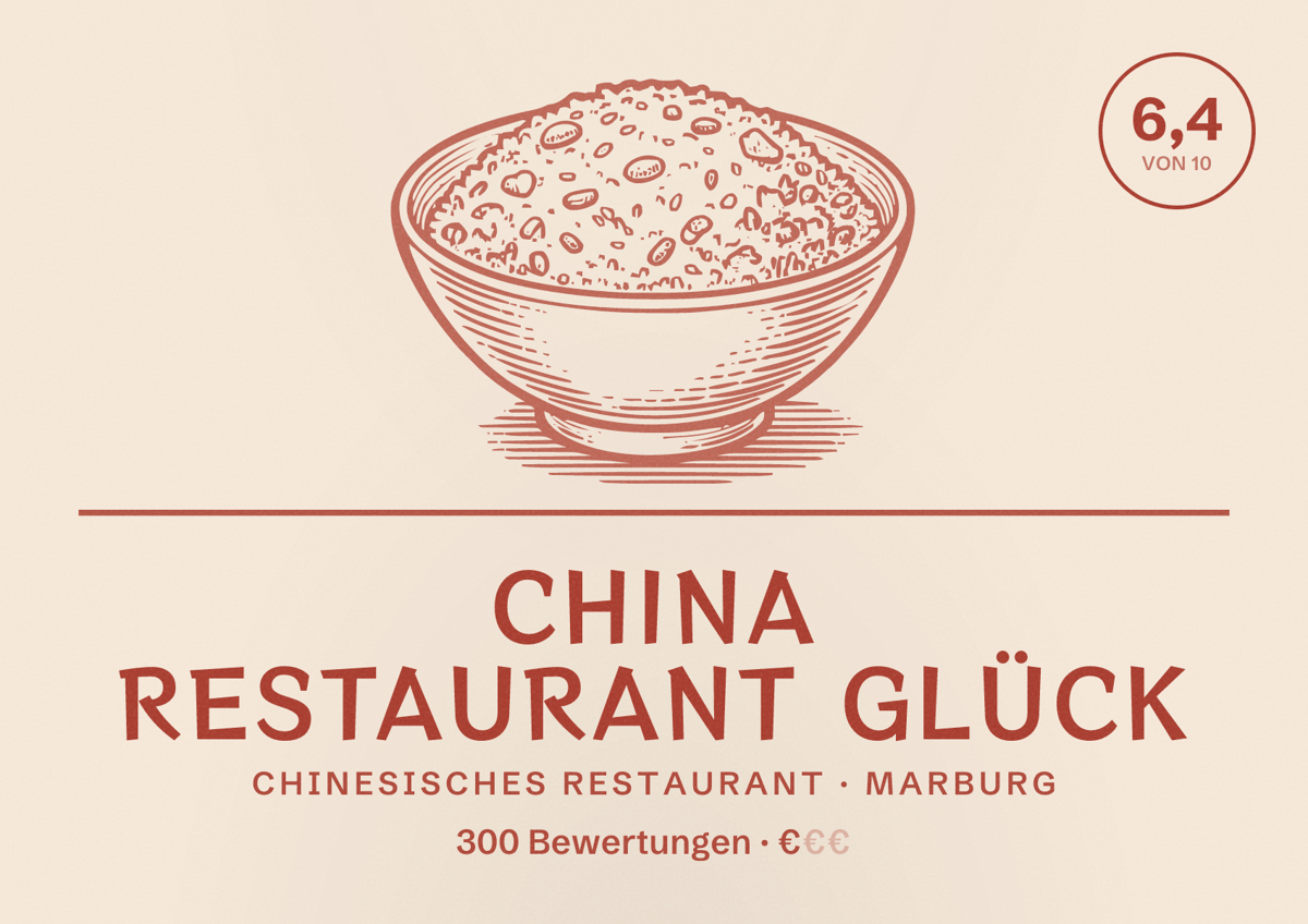 Illustriertes Poster von China Restaurant Glück, Chinesisches Restaurant in Marburg: Bewertung 6,4 von 10 aus 300 Bewertungen, Preisniveau €