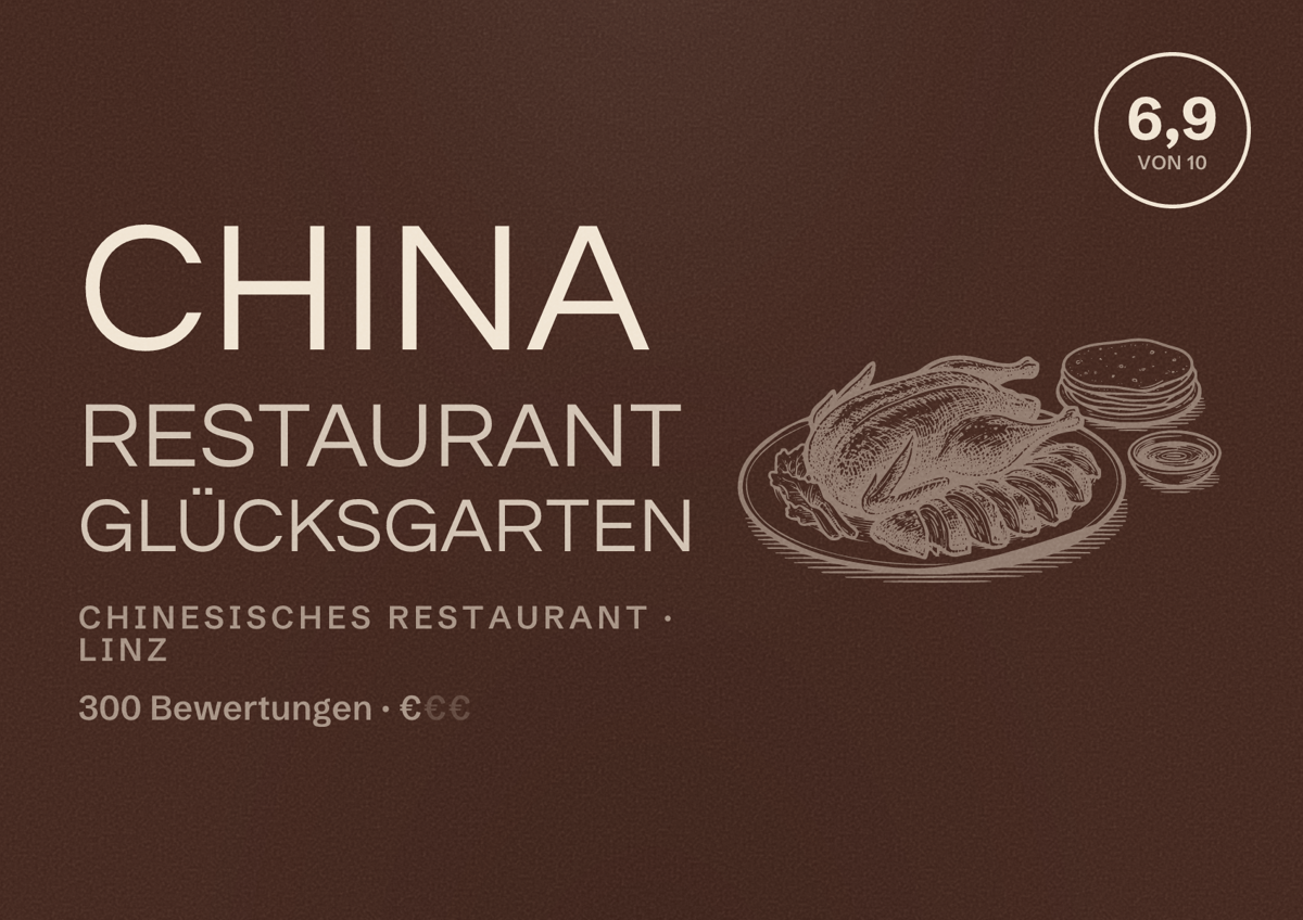 Illustriertes Poster von China Restaurant Glücksgarten, Chinesisches Restaurant in Linz: Bewertung 6,9 von 10 aus 300 Bewertungen, Preisniveau €