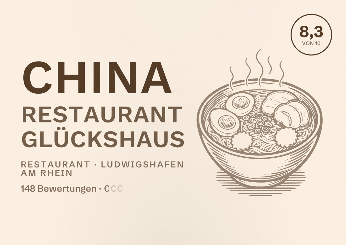 Illustriertes Poster von China Restaurant Glückshaus, Restaurant in Ludwigshafen am Rhein: Bewertung 8,3 von 10 aus 148 Bewertungen, Preisniveau €