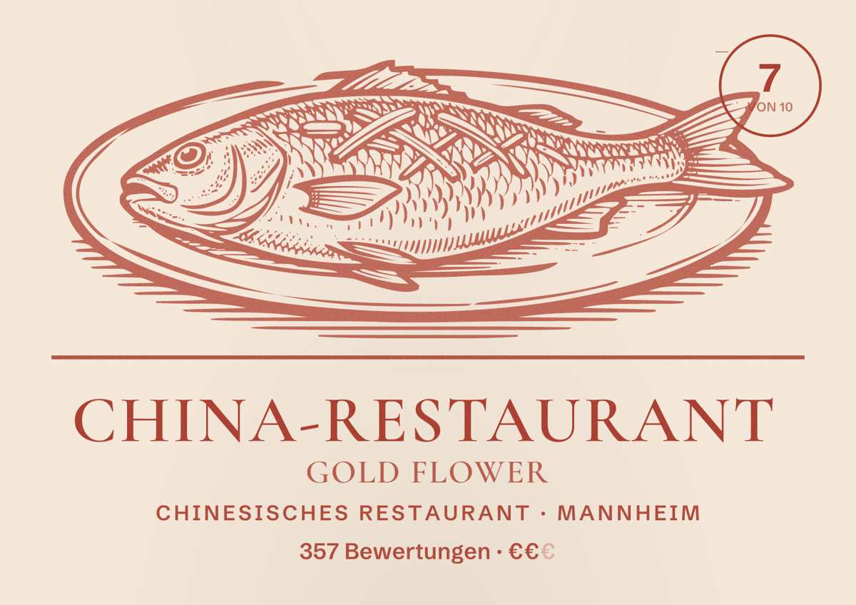 Illustriertes Poster von China-Restaurant Gold Flower, Chinesisches Restaurant in Mannheim: Bewertung 7 von 10 aus 357 Bewertungen, Preisniveau €€