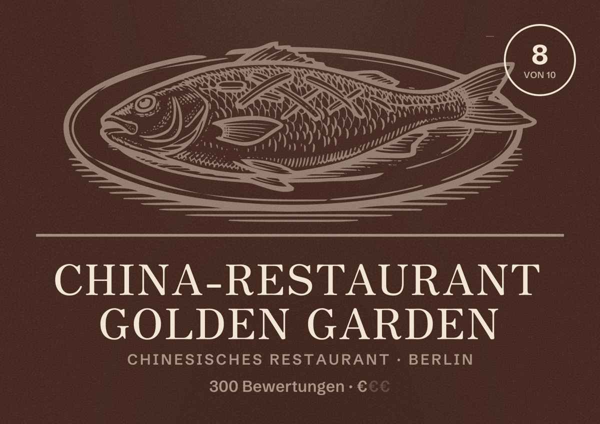 Illustriertes Poster von China-Restaurant Golden Garden, Chinesisches Restaurant in Berlin: Bewertung 8,0 von 10 aus 300 Bewertungen, Preisniveau €