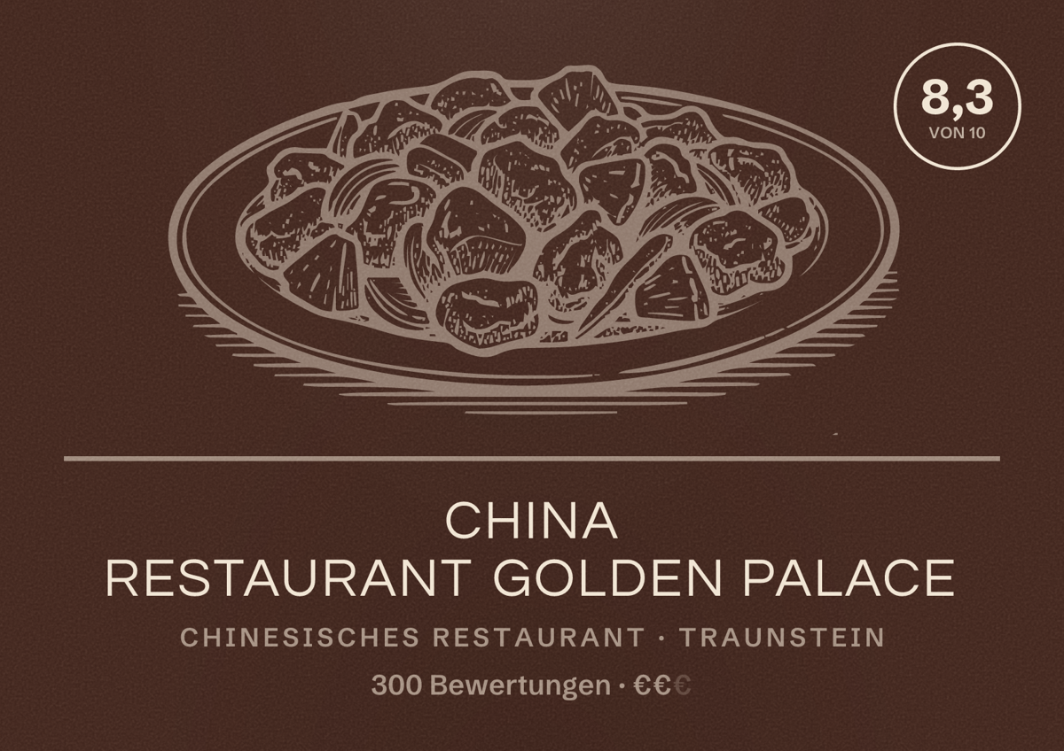 Illustriertes Poster von China Restaurant Golden Palace, Chinesisches Restaurant in Traunstein: Bewertung 8,3 von 10 aus 300 Bewertungen, Preisniveau €€