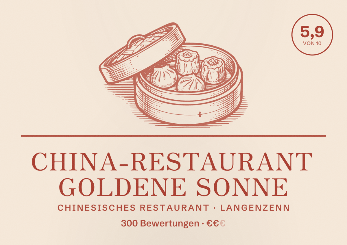 Illustriertes Poster von China-Restaurant Goldene Sonne, Chinesisches Restaurant in Langenzenn: Bewertung 5,9 von 10 aus 300 Bewertungen, Preisniveau €€