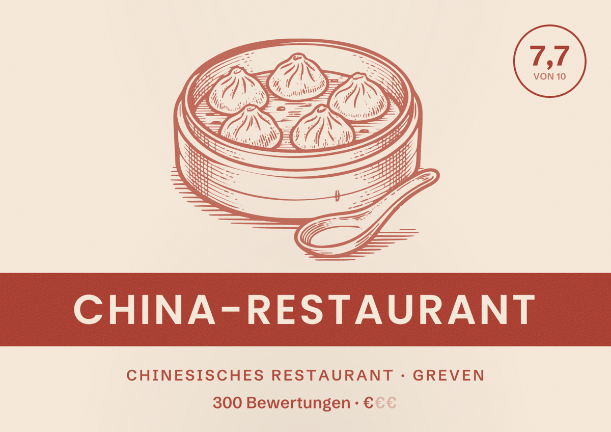 Illustriertes Poster von China-Restaurant, Chinesisches Restaurant in Greven: Bewertung 7,7 von 10 aus 300 Bewertungen, Preisniveau €