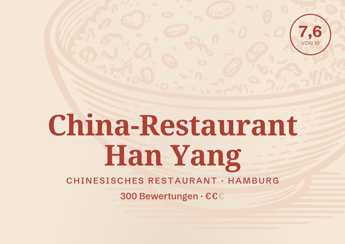 Illustriertes Poster von China-Restaurant Han Yang, Chinesisches Restaurant in Hamburg: Bewertung 7,6 von 10 aus 300 Bewertungen, Preisniveau €€