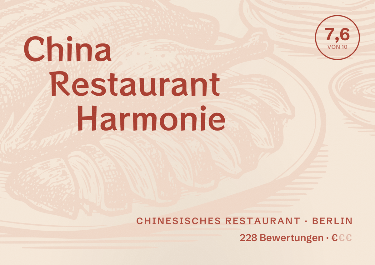 Illustriertes Poster von China Restaurant Harmonie, Chinesisches Restaurant in Berlin: Bewertung 7,6 von 10 aus 228 Bewertungen, Preisniveau €