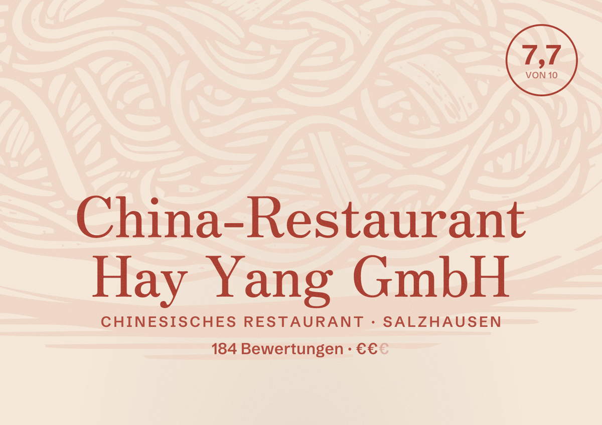 Illustriertes Poster von China-Restaurant Hay Yang GmbH, Chinesisches Restaurant in Salzhausen: Bewertung 7,7 von 10 aus 184 Bewertungen, Preisniveau €€
