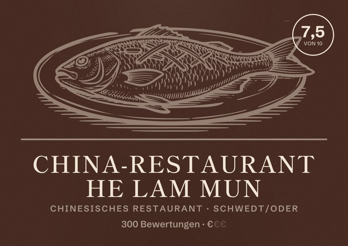 Illustriertes Poster von China-Restaurant He Lam Mun, Chinesisches Restaurant in Schwedt/Oder: Bewertung 7,5 von 10 aus 300 Bewertungen, Preisniveau €