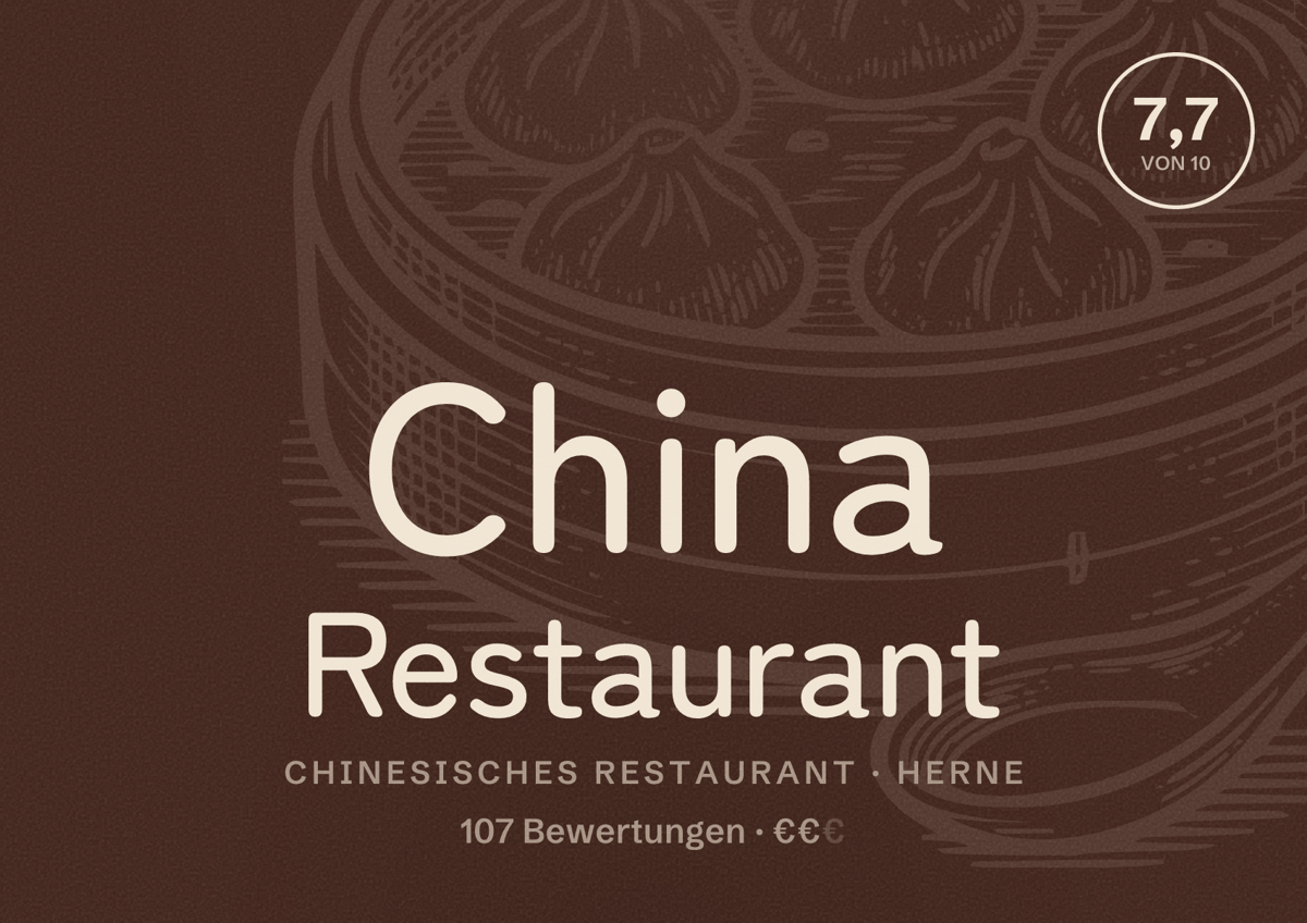 Illustriertes Poster von China Restaurant, Chinesisches Restaurant in Herne: Bewertung 7,7 von 10 aus 107 Bewertungen, Preisniveau €€