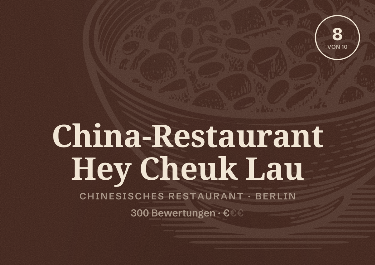 Illustriertes Poster von China-Restaurant Hey Cheuk Lau, Chinesisches Restaurant in Berlin: Bewertung 8,0 von 10 aus 300 Bewertungen, Preisniveau €