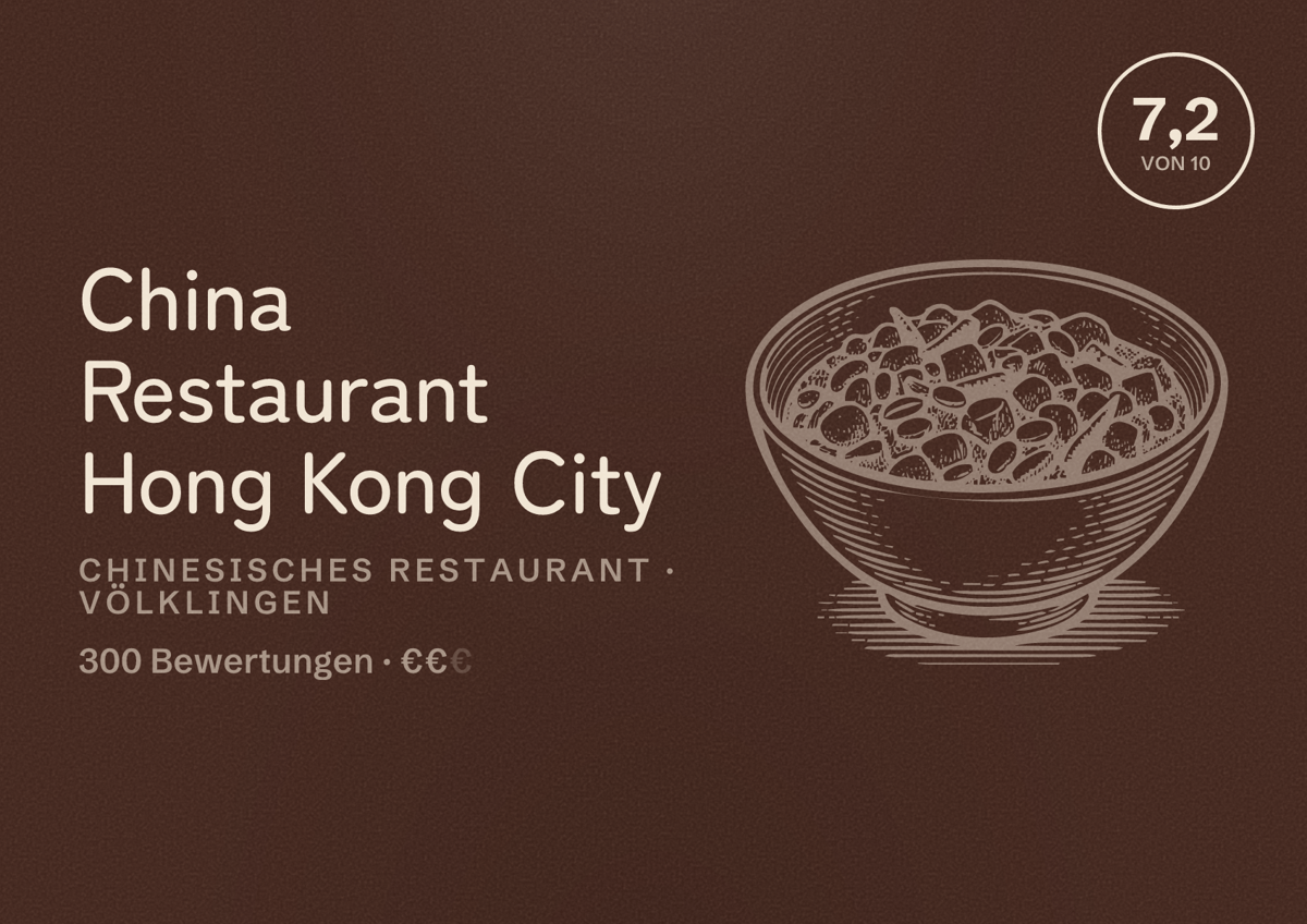 Illustriertes Poster von China Restaurant Hong Kong City, Chinesisches Restaurant in Völklingen: Bewertung 7,2 von 10 aus 300 Bewertungen, Preisniveau €€