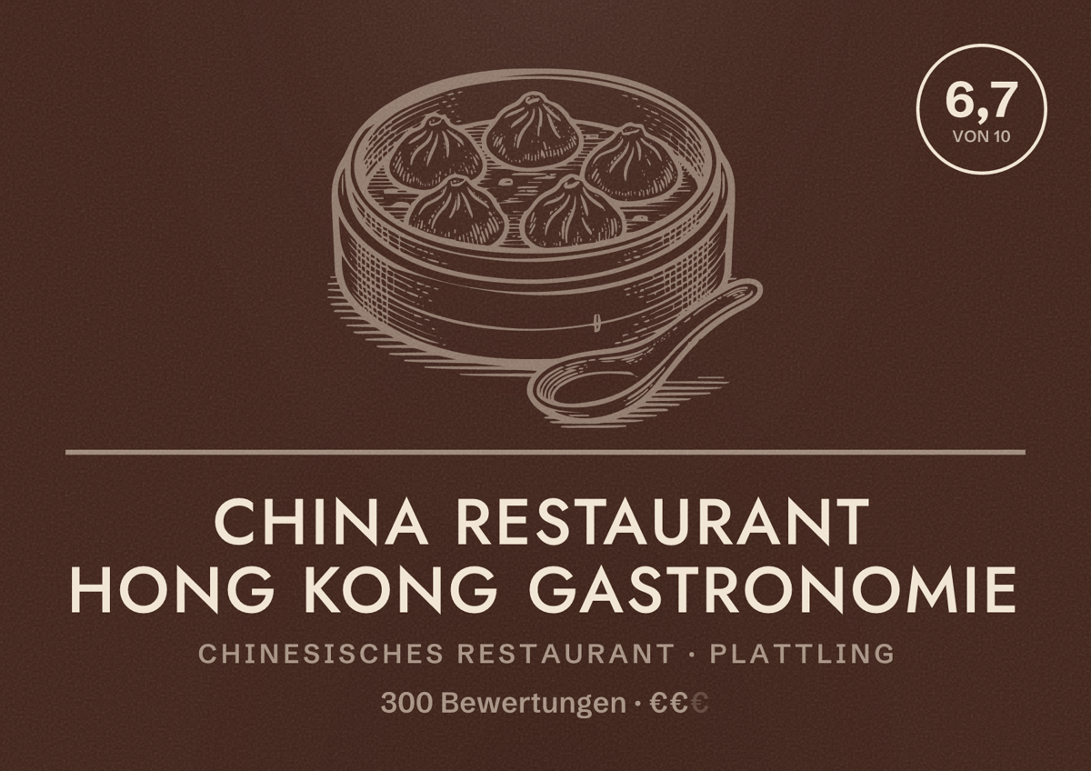 Illustriertes Poster von China Restaurant Hong Kong Gastronomie, Chinesisches Restaurant in Plattling: Bewertung 6,7 von 10 aus 300 Bewertungen, Preisniveau €€