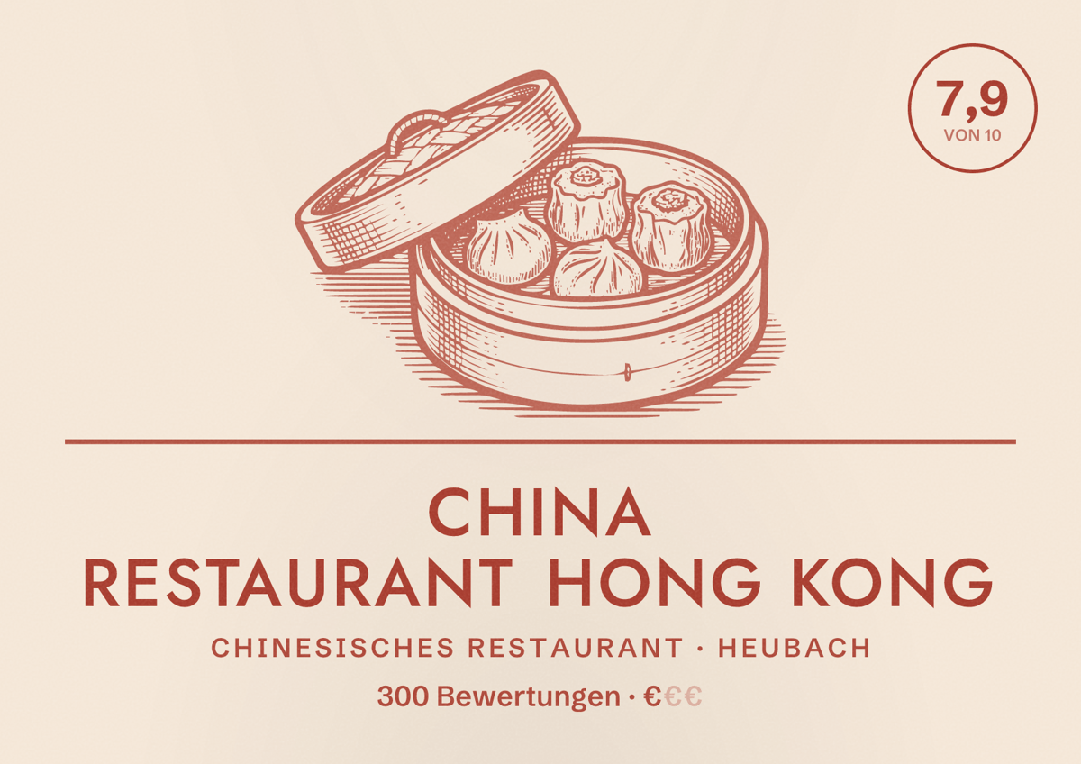 Illustriertes Poster von China Restaurant Hong Kong, Chinesisches Restaurant in Heubach: Bewertung 7,9 von 10 aus 300 Bewertungen, Preisniveau €