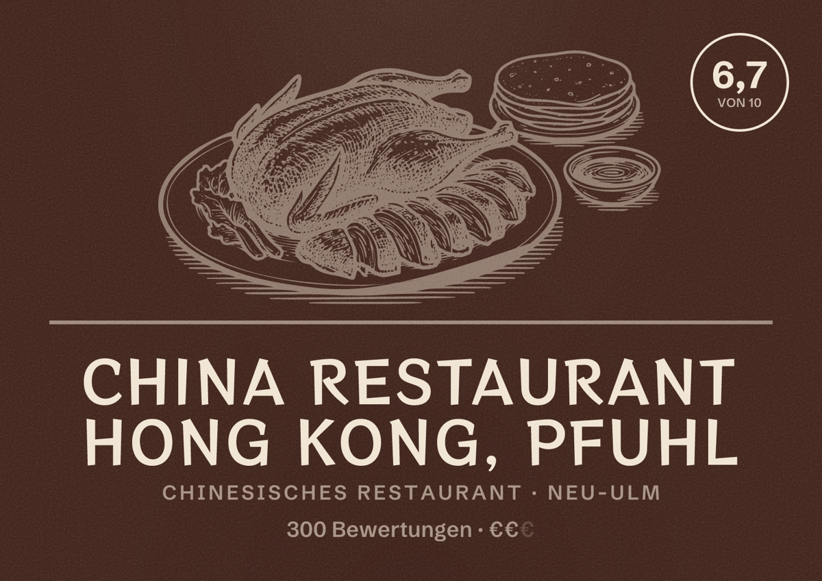 Illustriertes Poster von China Restaurant Hong Kong, Pfuhl, Chinesisches Restaurant in Neu-Ulm: Bewertung 6,7 von 10 aus 300 Bewertungen, Preisniveau €€