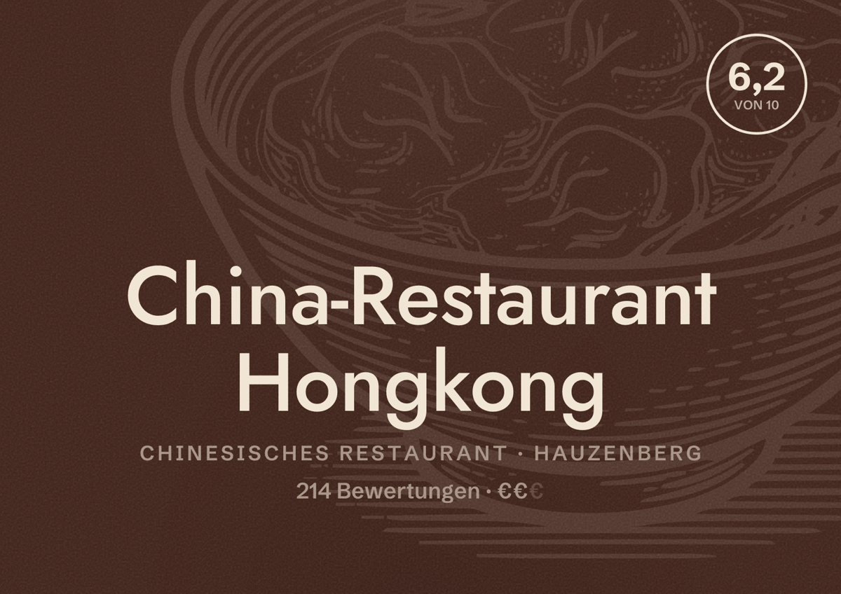Illustriertes Poster von China-Restaurant Hongkong, Chinesisches Restaurant in Hauzenberg: Bewertung 6,2 von 10 aus 214 Bewertungen, Preisniveau €€
