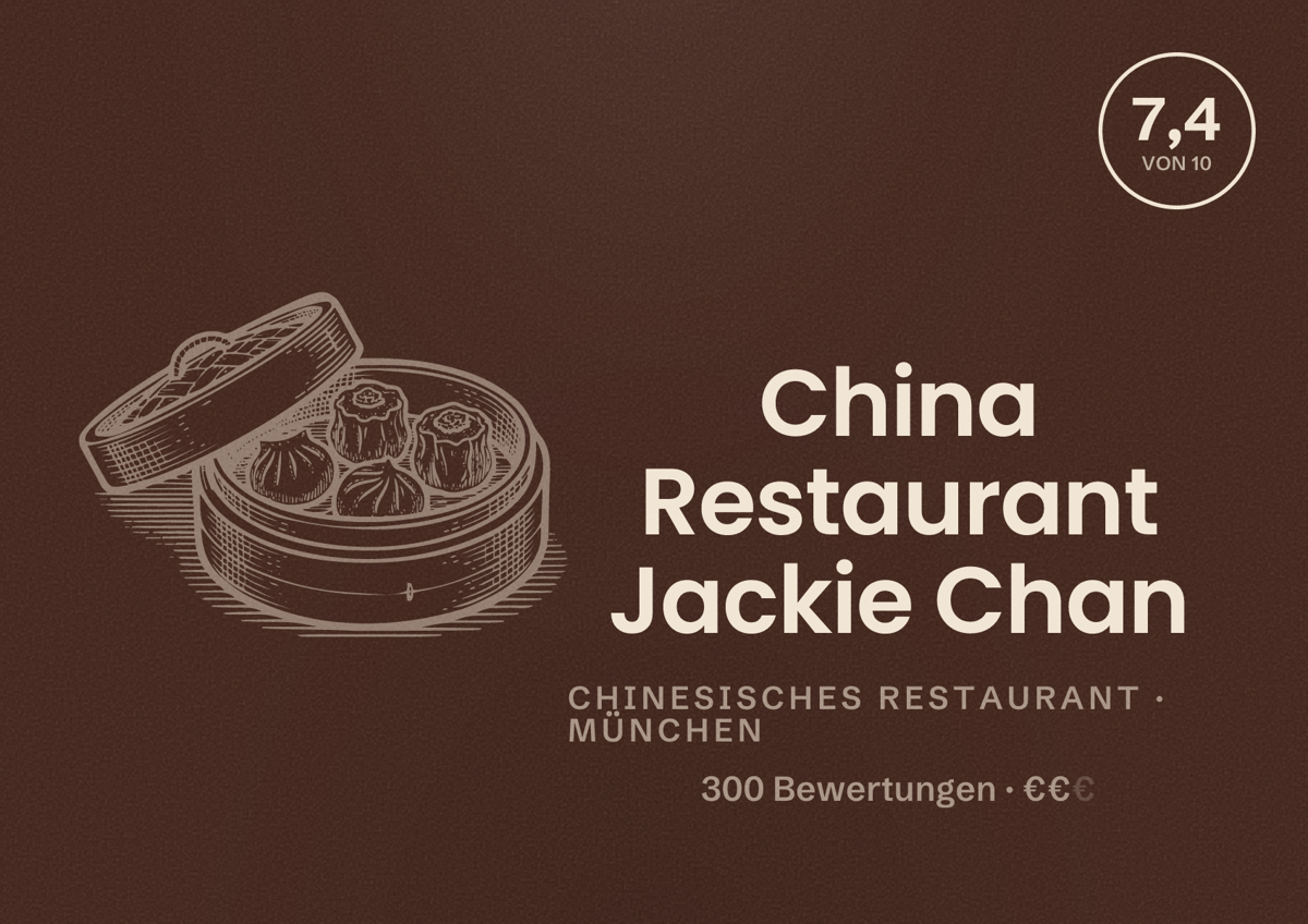 Illustriertes Poster von China Restaurant Jackie Chan, Chinesisches Restaurant in München: Bewertung 7,4 von 10 aus 300 Bewertungen, Preisniveau €€