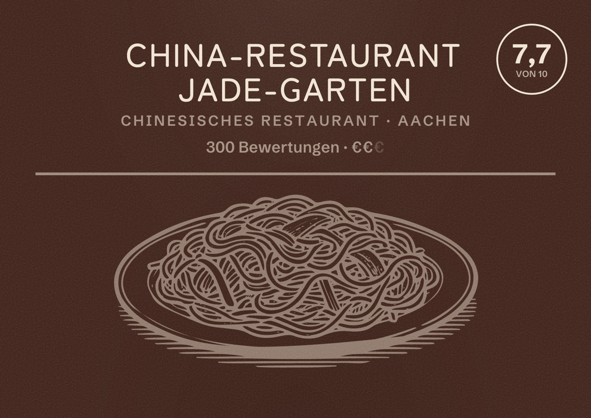 Illustriertes Poster von China-Restaurant Jade-Garten, Chinesisches Restaurant in Aachen: Bewertung 7,7 von 10 aus 300 Bewertungen, Preisniveau €€