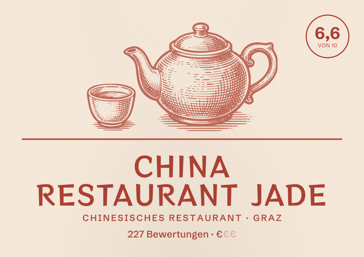 Illustriertes Poster von China Restaurant Jade, Chinesisches Restaurant in Graz: Bewertung 6,6 von 10 aus 227 Bewertungen, Preisniveau €