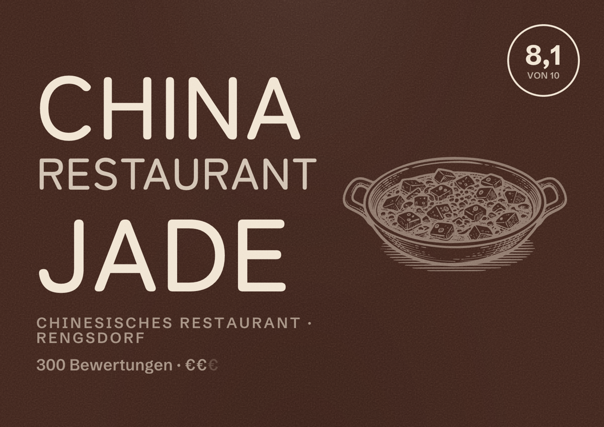 Illustriertes Poster von China Restaurant Jade, Chinesisches Restaurant in Rengsdorf: Bewertung 8,1 von 10 aus 300 Bewertungen, Preisniveau €€