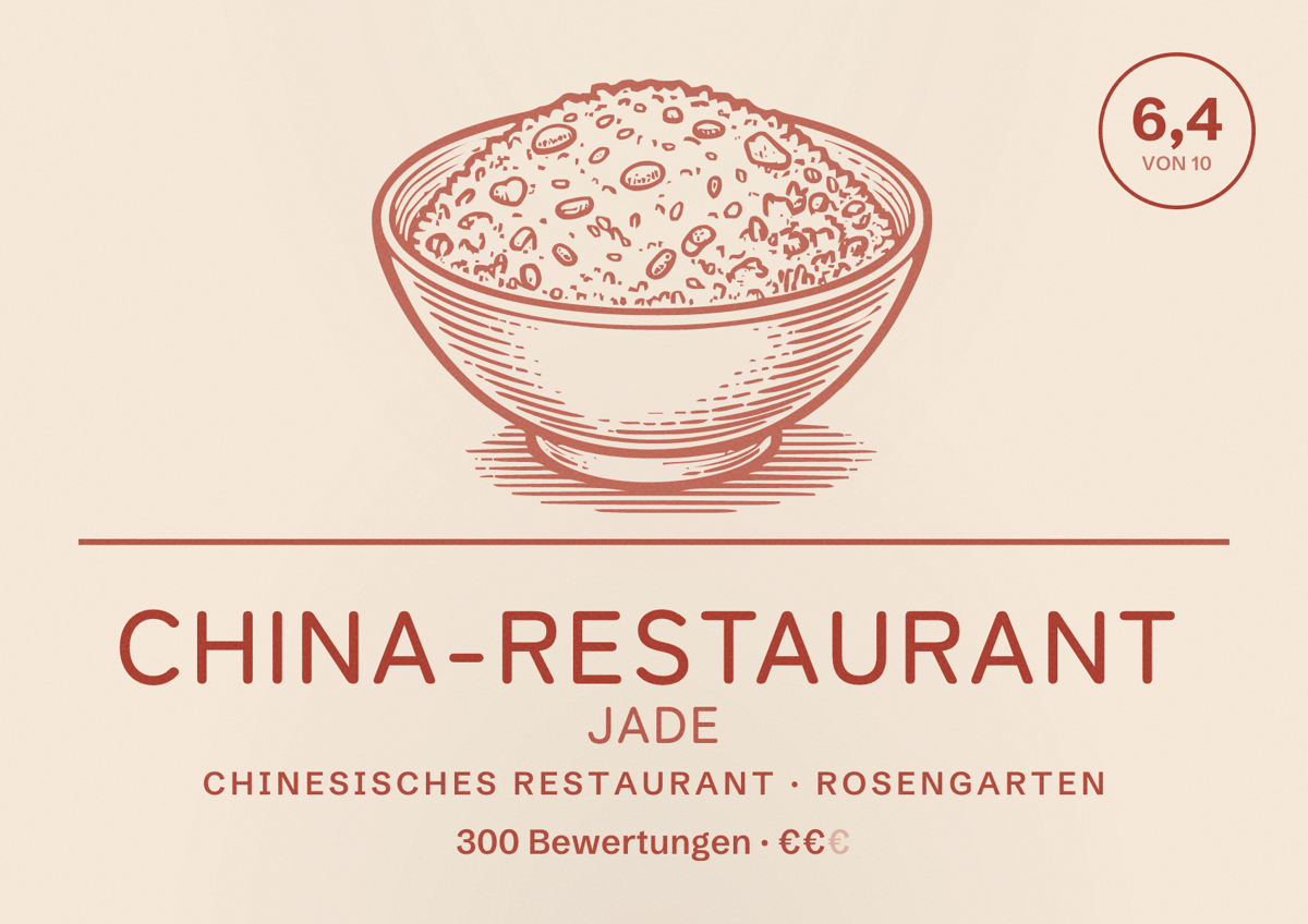 Illustriertes Poster von China-Restaurant Jade, Chinesisches Restaurant in Rosengarten: Bewertung 6,4 von 10 aus 300 Bewertungen, Preisniveau €€