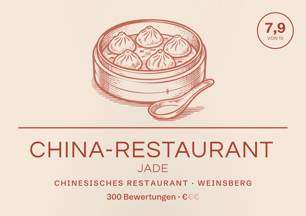 Illustriertes Poster von China-Restaurant Jade, Chinesisches Restaurant in Weinsberg: Bewertung 7,9 von 10 aus 300 Bewertungen, Preisniveau €