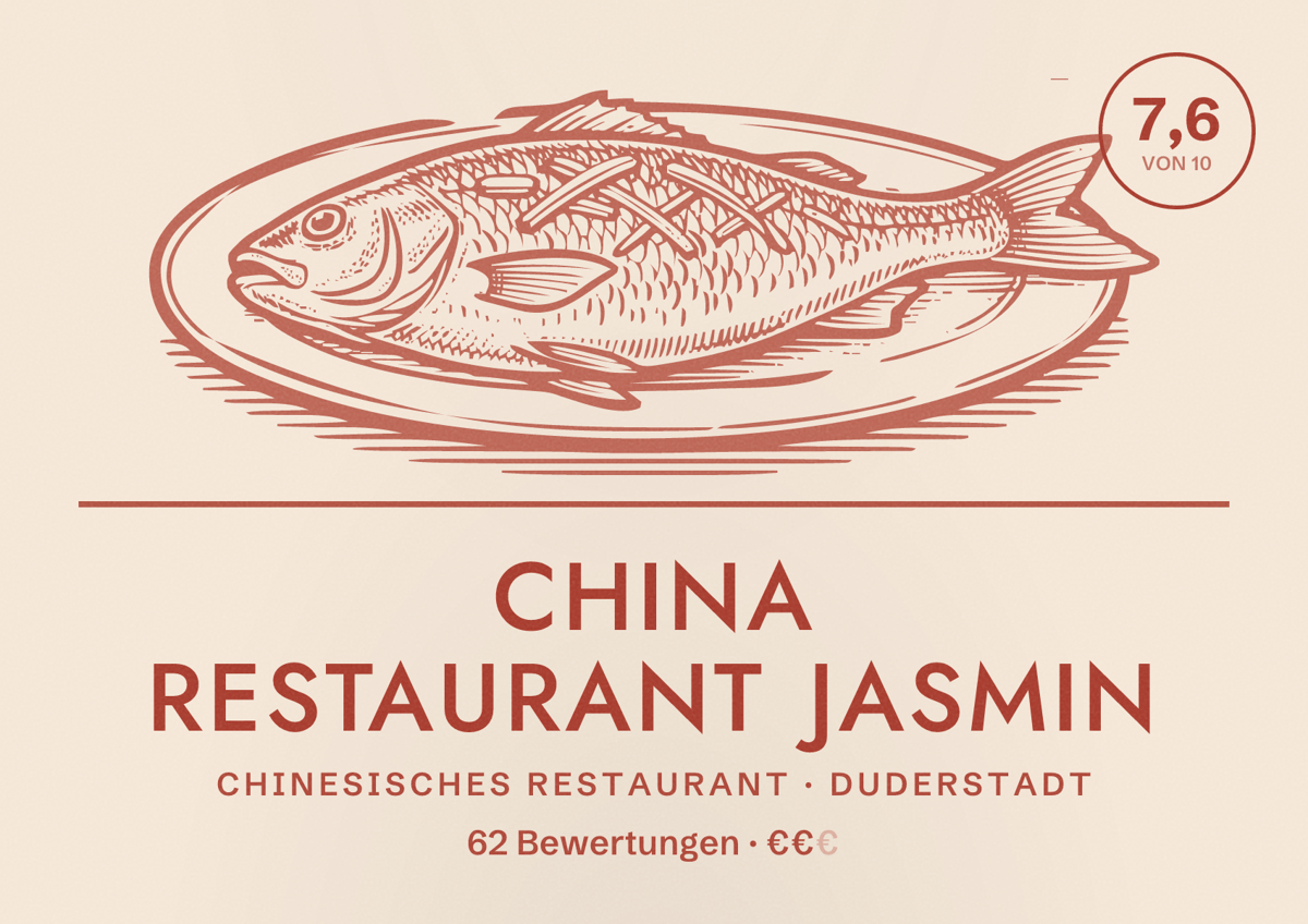 Illustriertes Poster von China Restaurant Jasmin, Chinesisches Restaurant in Duderstadt: Bewertung 7,6 von 10 aus 62 Bewertungen, Preisniveau €€